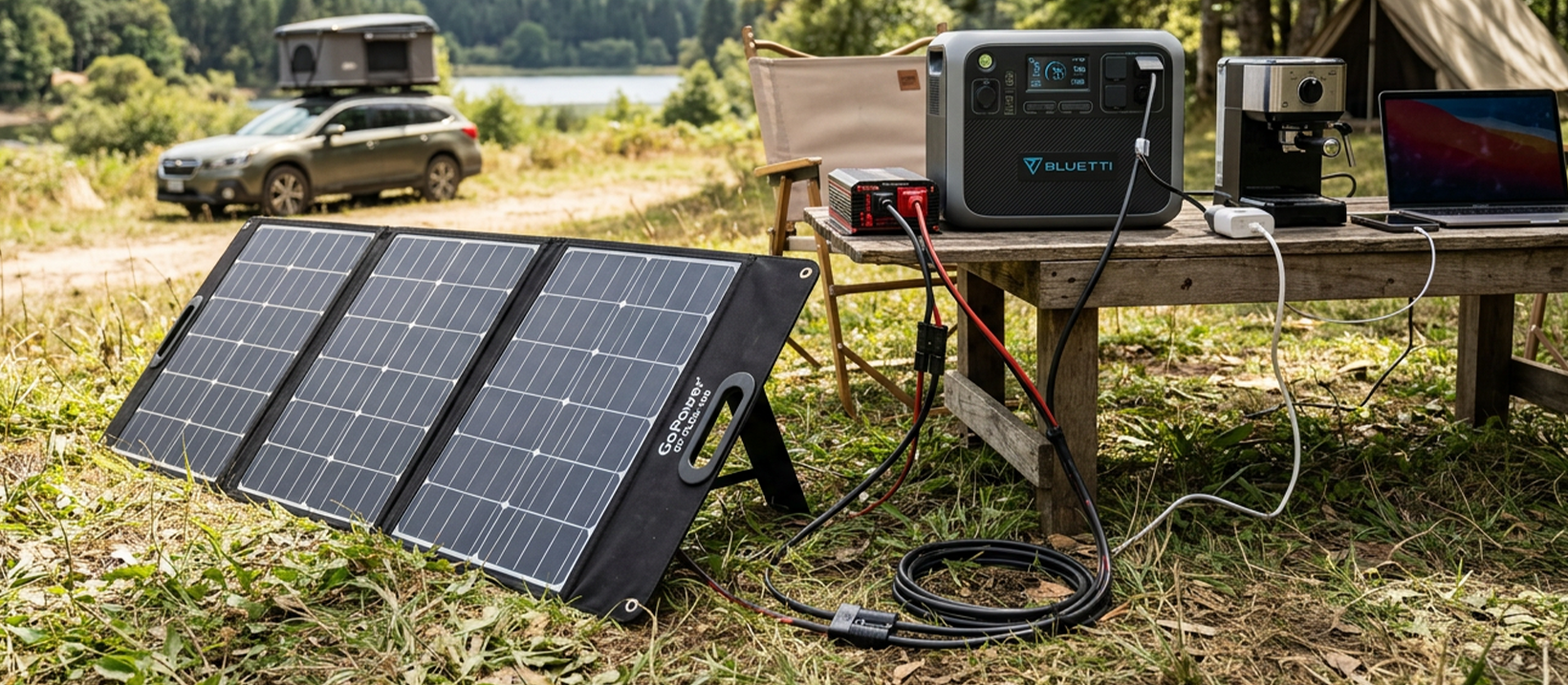 A portable solar panel array connected to a battery bank and DC-AC inverter outdoors